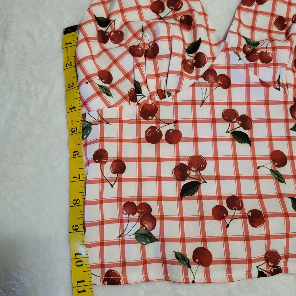 ROMWE Red and White Checkered Cherry Crop Top - Picture 5 of 7
